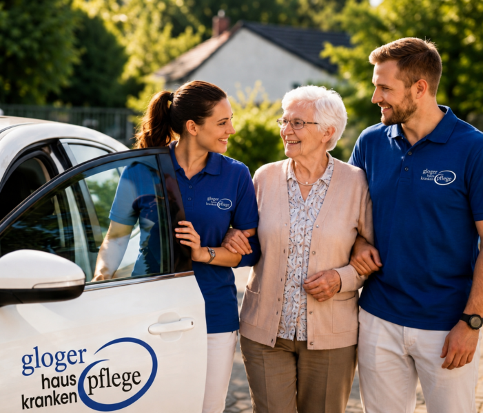 Auto Startseite Zwei Mitarbeiter der Firma Gloger Pflege begleiten eine älter Damee